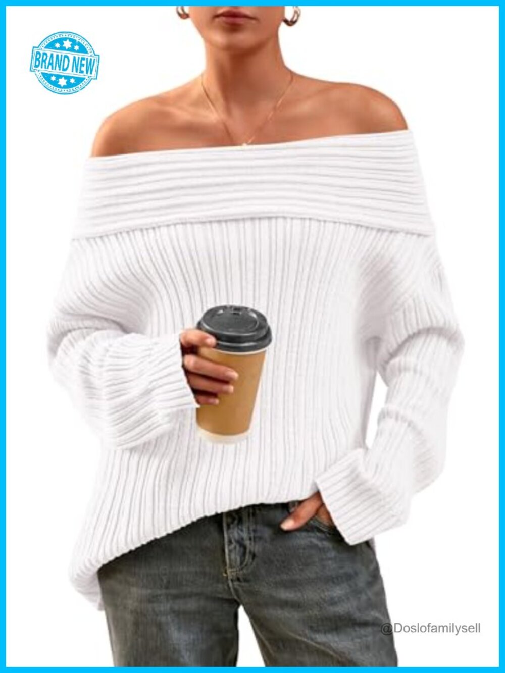 Off Shoulder Oversized Ribbed Knit Sweater Long Sleeve Pullover